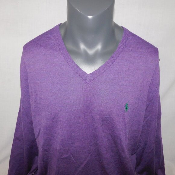 Polo Ralph Lauren Mens LT Large Tall Purple V Neck Merino Wool Light Sweater - Picture 2 of 8